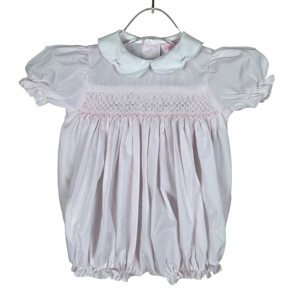 Petit Ami Floral Embroidered Smocked Bubble Romper Pink Girl Size 3 Months